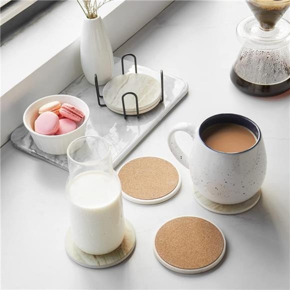 Set of 6 Drink Coasters with Holder Absorbent Coaster Marble Style Ceramic - Picture 4 of 6